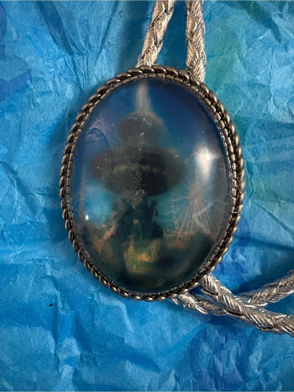 Oval Blue Glass Bolo Tie with Braided Silver Cord